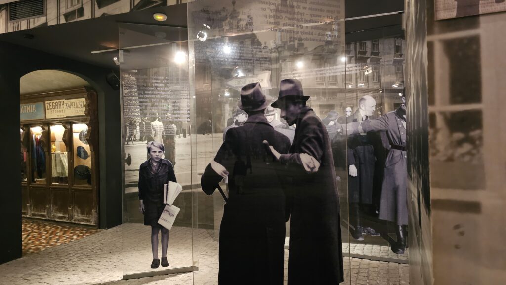 Exhibition inside Schindler’s Factory Museum in Krakow with historical displays, photographs and immersive wartime exhibits.