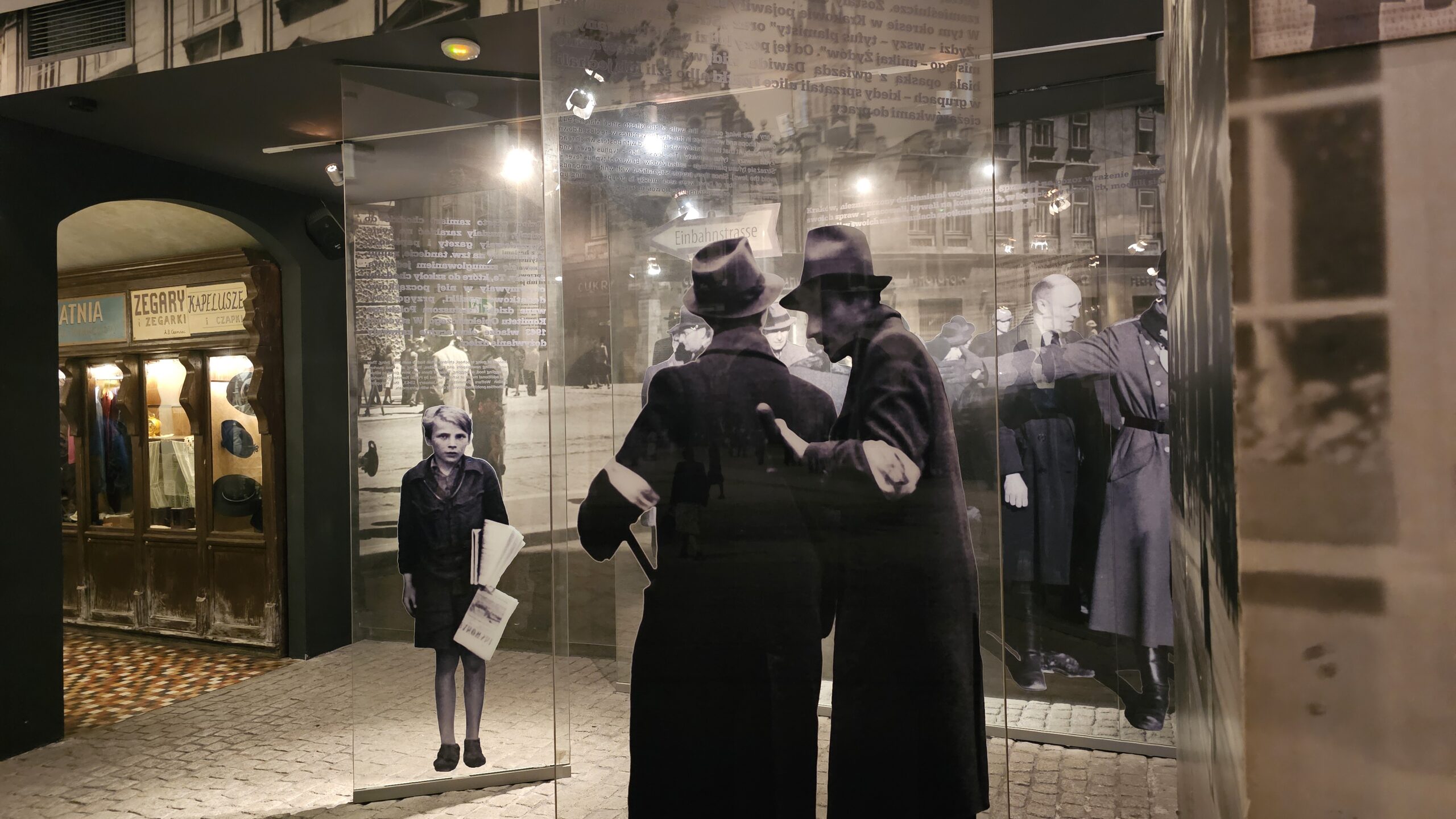 Exhibition inside Schindler’s Factory Museum in Krakow with historical displays, photographs and immersive wartime exhibits.