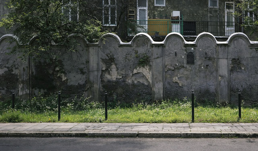 Remains of the Krakow Ghetto wall with its characteristic shape, set against residential buildings on a summer day.