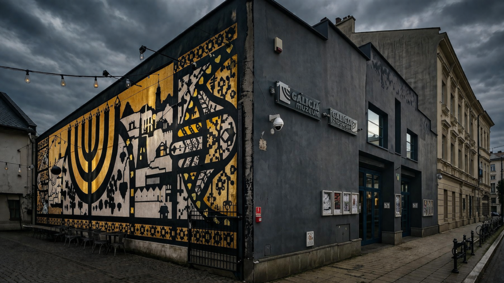 Galicia Jewish Museum in Krakow with mural on the exterior wall under a cloudy, slightly stormy sky.