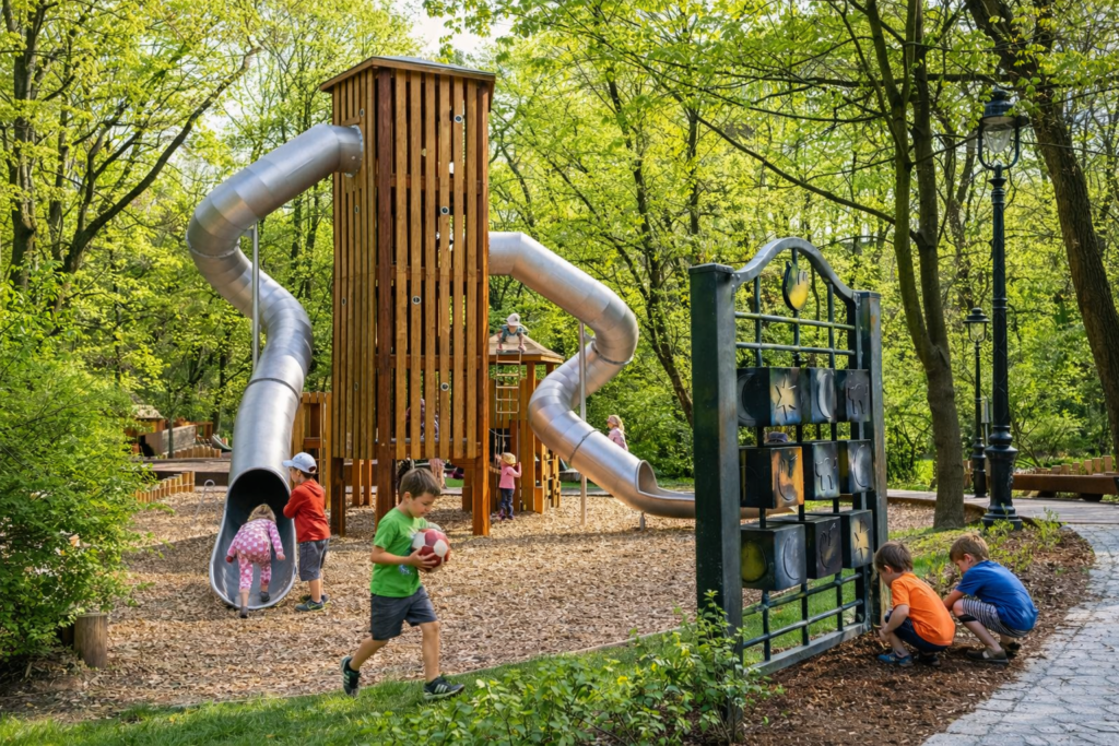 Playground in Bednarski Park in Krakow with children playing on a wooden climbing structure and slides surrounded by greenery.