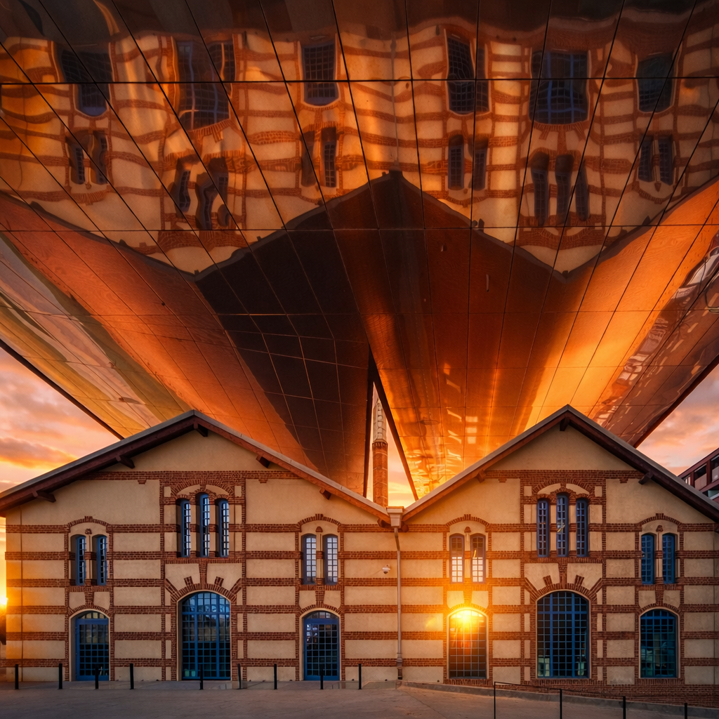 Cricoteka in Krakow with historic brick buildings beneath a modern reflective structure at sunset.