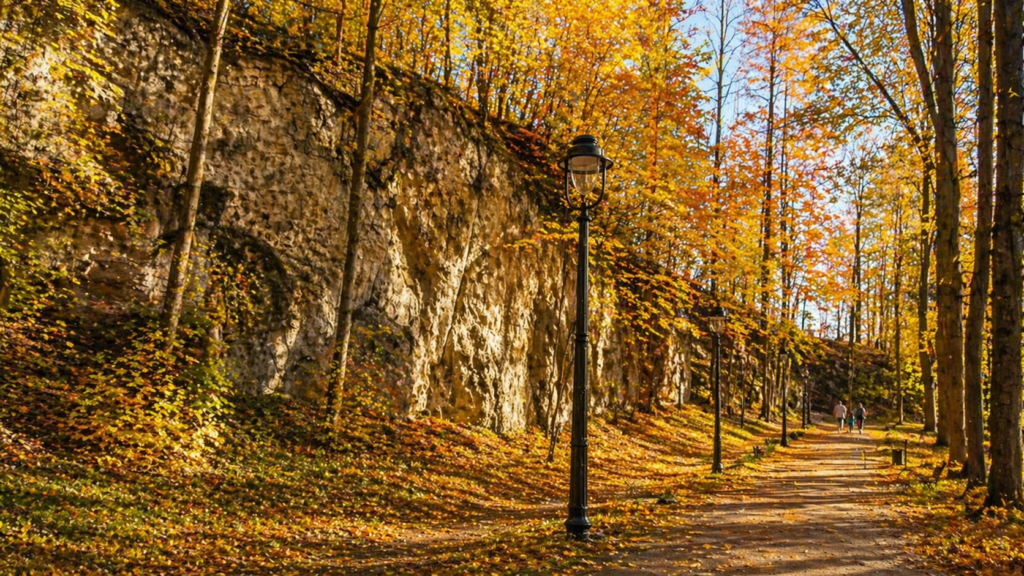 Walking path in Bednarski Park in Krakow during golden autumn, with warm sunlight and characteristic limestone rock formations on the left surrounded by colourful leaves.