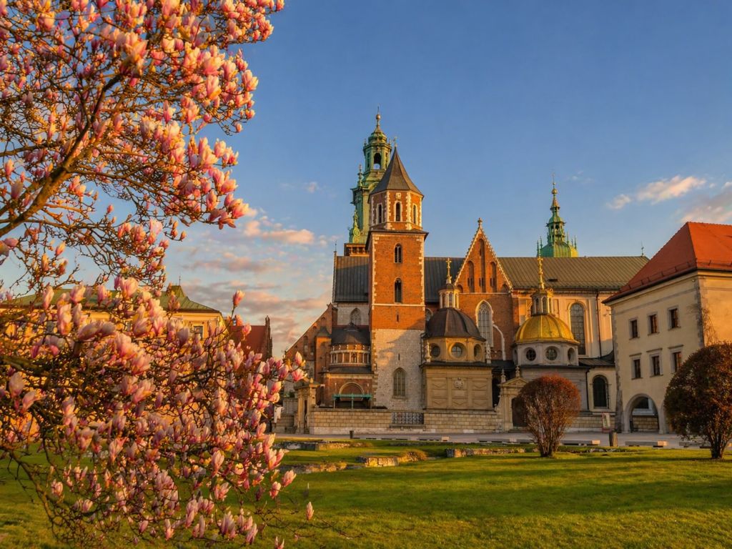 Wawel Cathedral in Krakow during a spring evening, with blooming magnolia tree in the foreground.