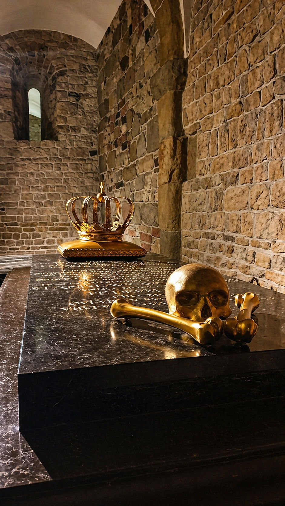 Wawel Cathedral crypts in Krakow with stone sarcophagi and historic burial chambers.