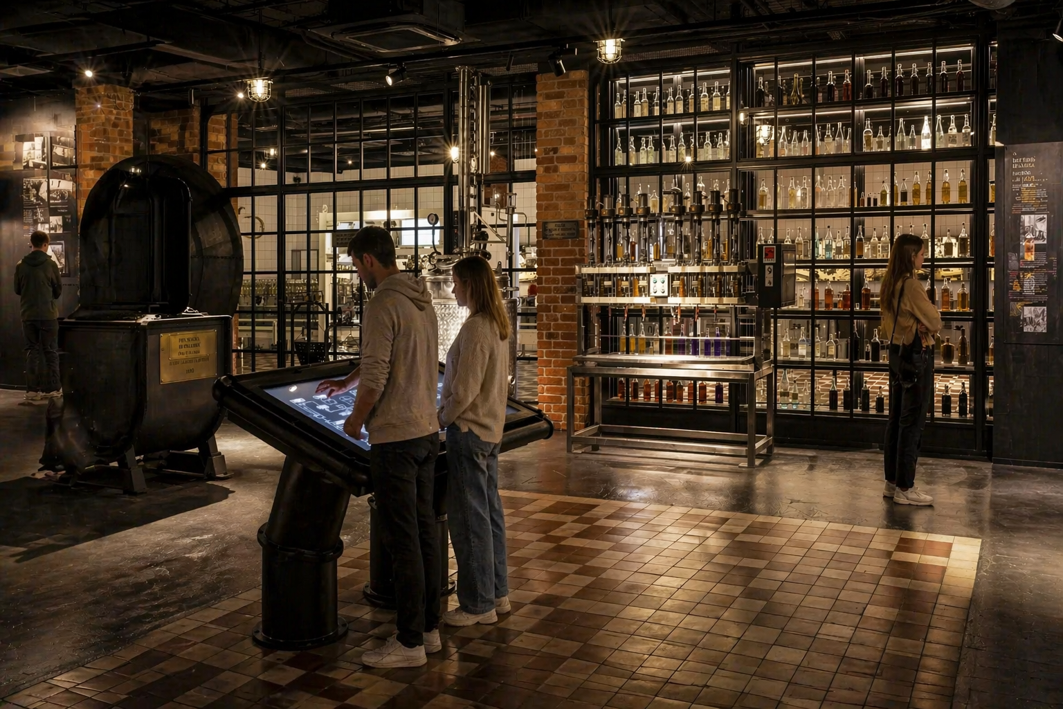 Museum of Vodka Factory Krakow – interactive exhibition with historic distillation equipment, glass bottles and visitors exploring multimedia displays