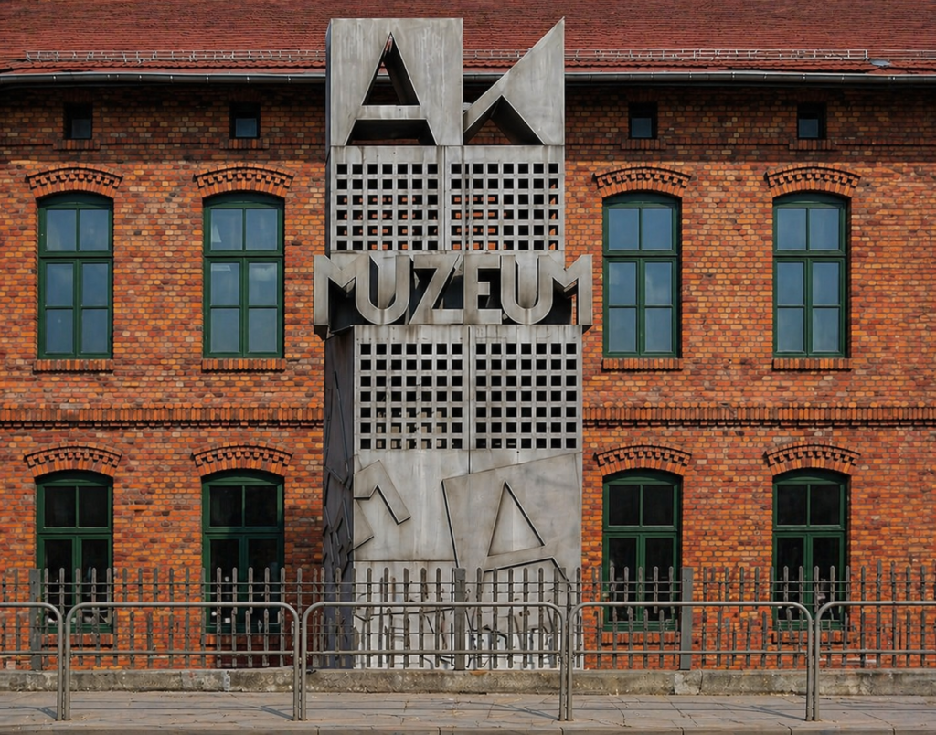 Home Army Museum in Krakow with the central MUZEUM sign in front of a historic brick building.