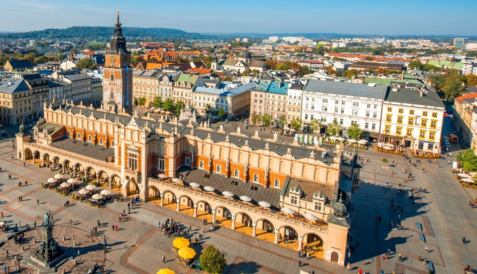 Aerial view on the main market square from St. Mary's basilica tower in Krakow