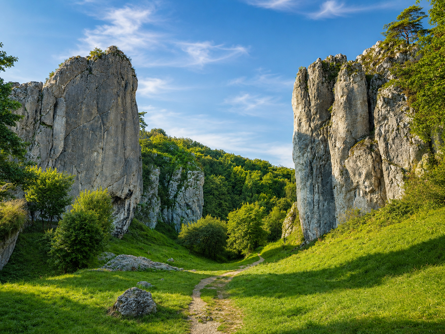 Sunlit limestone cliffs and walking trail in Kobylańska Valley, part of the Kraków-Częstochowa Upland in southern Poland.