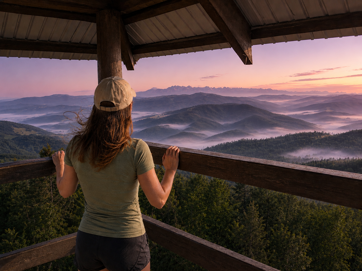 Panoramic sunrise view from Mogielica in the Beskid Wyspowy mountains, with rolling hills, morning mist and distant Tatra peaks.