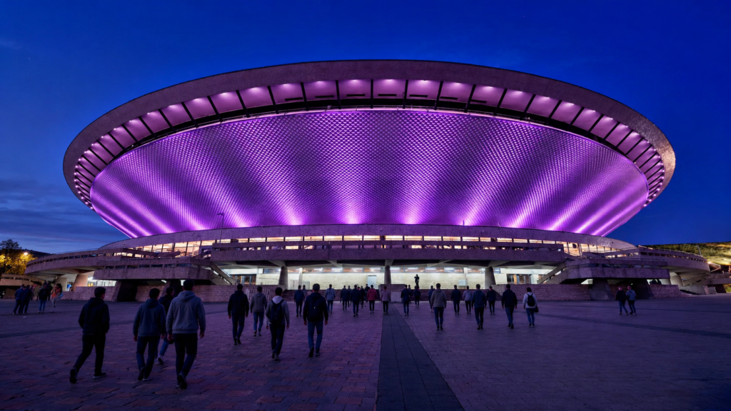 Katowice at night with the illuminated Spodek arena and city lights in the background