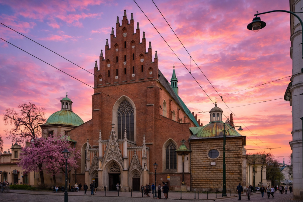 Franciscan Basilica in Krakow at sunset with a pink and blue sky, spring trees in bloom and pedestrians near the entrance.