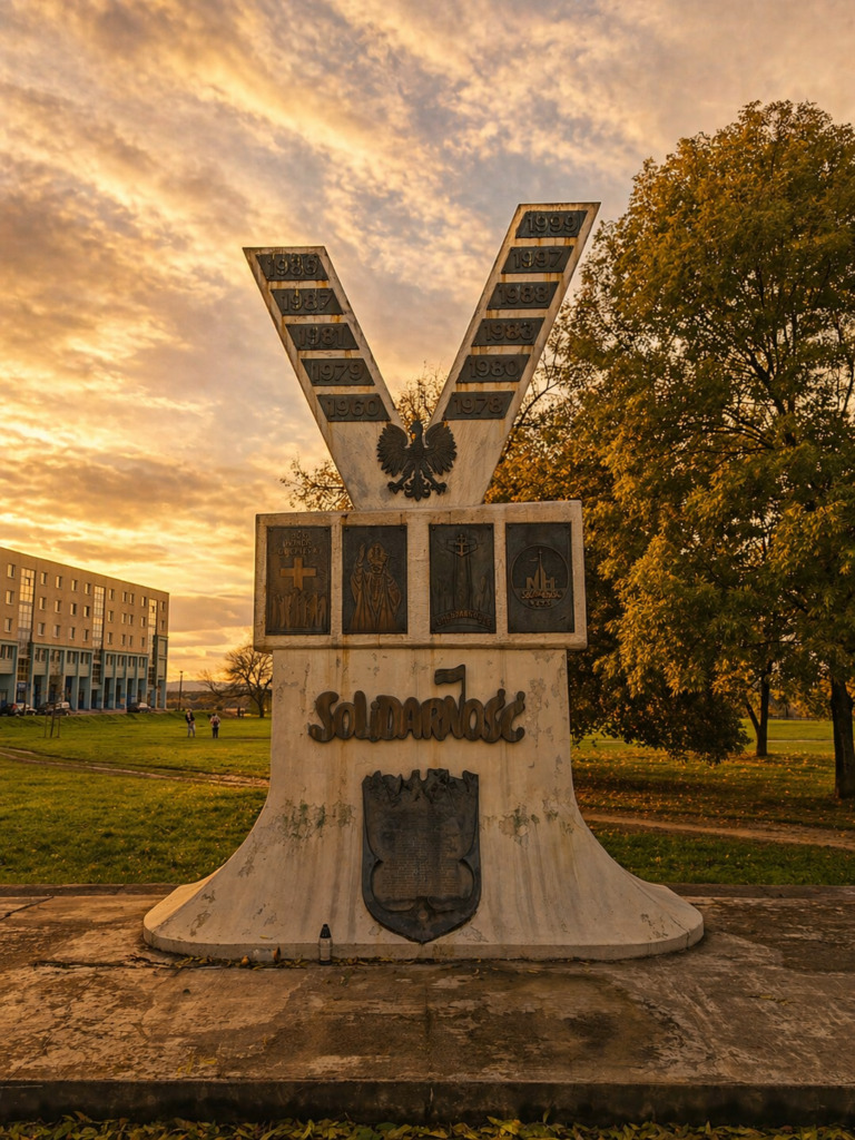 Solidarity Monument in Krakow, a symbolic memorial with engraved dates and plaques, set in a green park under a dramatic sky