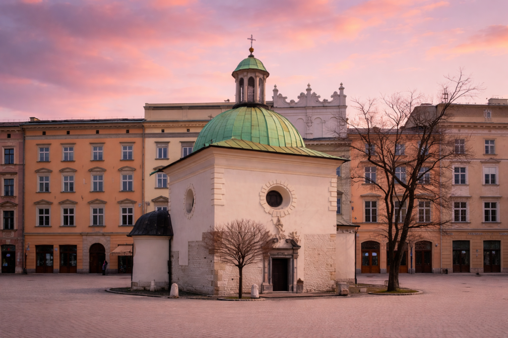 St. Adalbert’s Church on Krakow Main Market Square at sunset