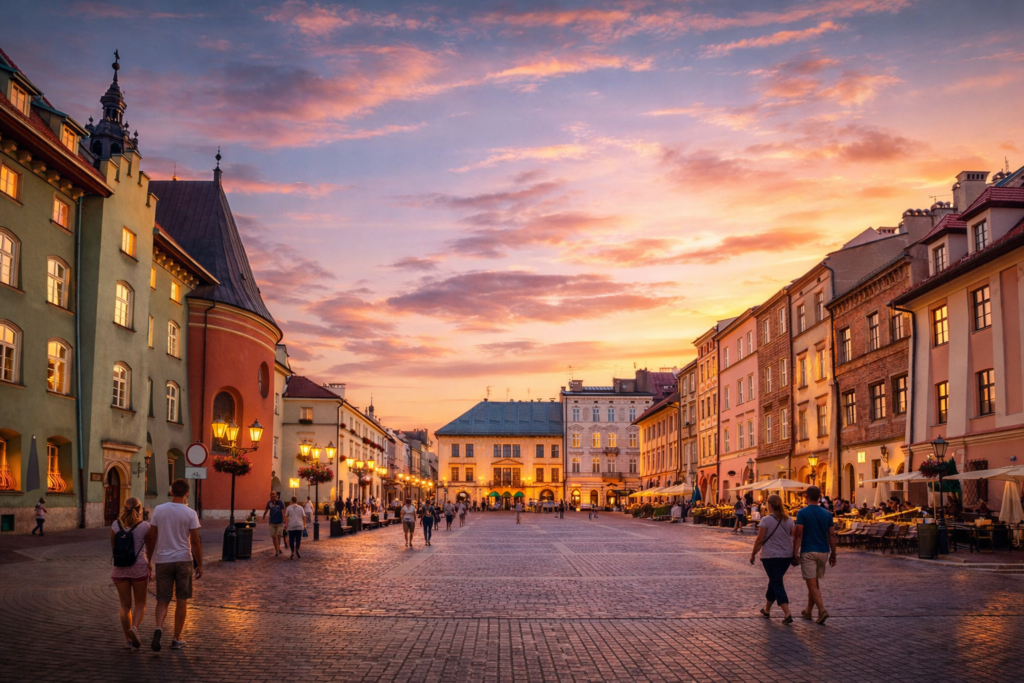 Krakow Old Town at sunset with historic buildings, cafes and people walking in the Main Square area