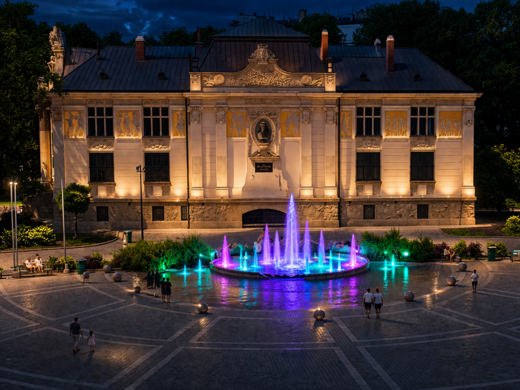 Szczepański Square in Krakow at night with an illuminated fountain and a few people in front of a historic building.