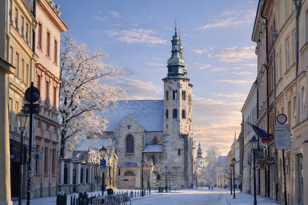 Quiet winter morning on Grodzka Street in Krakow with snow-covered buildings and St Andrew’s Church, no cars and only a few pedestrians.