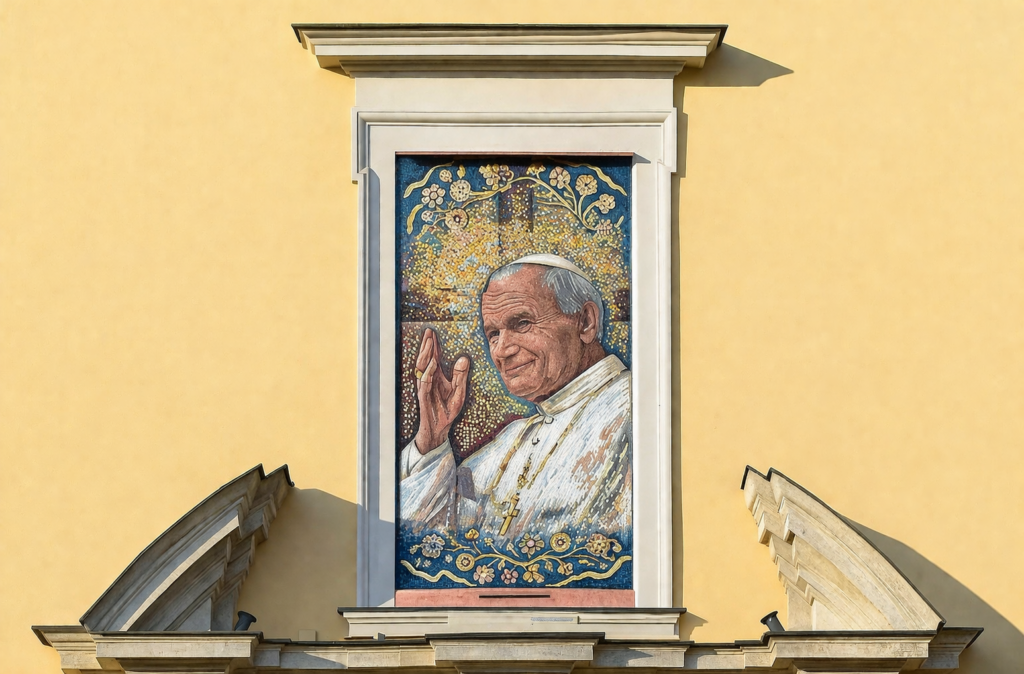 Papal window in Krakow featuring a mosaic of Pope John Paul II on the façade of the Archbishop’s Palace on Franciszkańska Street.