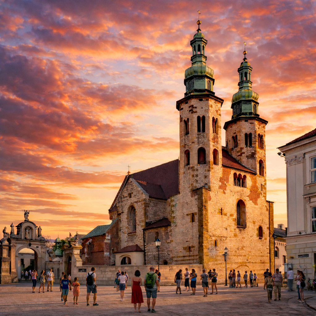 Church of St Andrew in Krakow during a dramatic sunset with warm light on the façade and scattered pedestrians in the square.