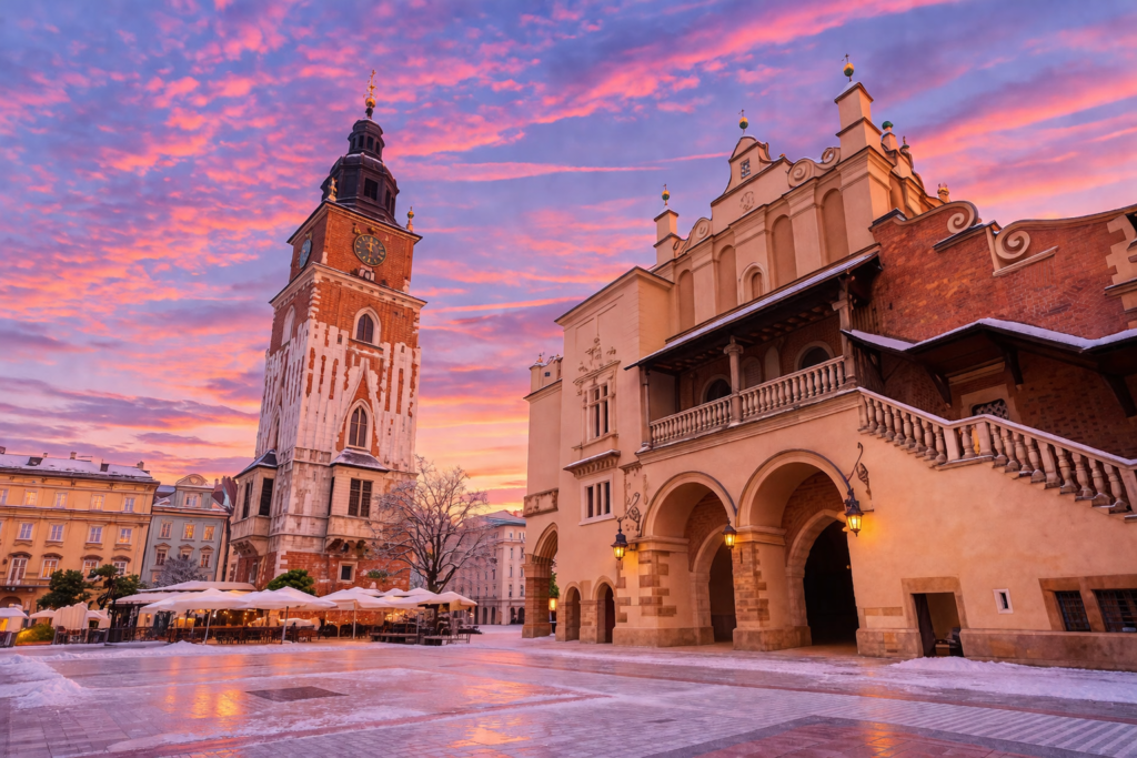 Town Hall Tower and Cloth Hall in Krakow’s Main Market Square during a pink winter sunset.