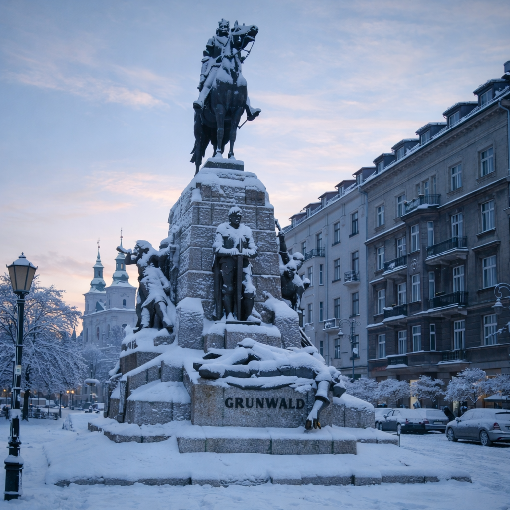 Grunwald Monument in Krakow covered in snow during a winter morning, with historic buildings in the background.