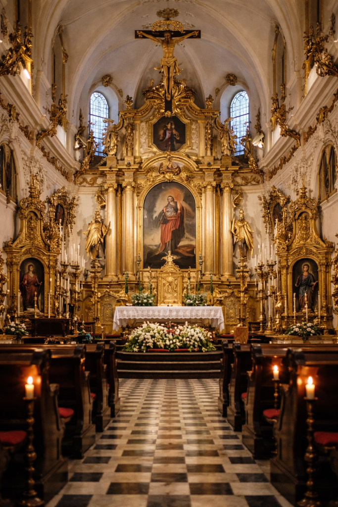 Baroque altar in St. Florian’s Church in Krakow with rich golden decorations, religious paintings and a crucifix above.
