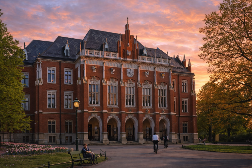 Collegium Novum of Jagiellonian University in Krakow at sunset, with warm light on the red-brick facade and people walking nearby.