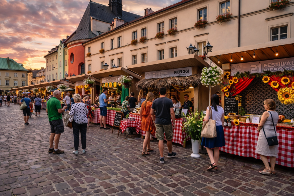 Mały Rynek in Krakow with market stalls and visitors during a local food event such as the Pierogi Festival under a lightly cloudy sky.