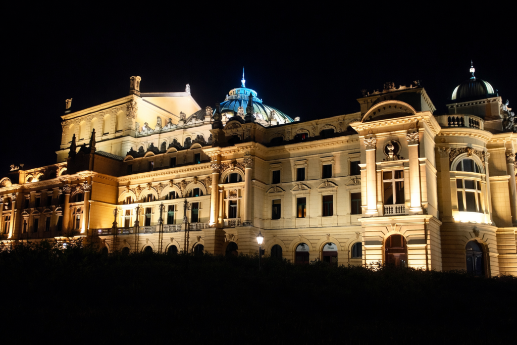 Juliusz Słowacki Theatre in Krakow illuminated at night, with its ornate facade and dome highlighted against a dark sky.