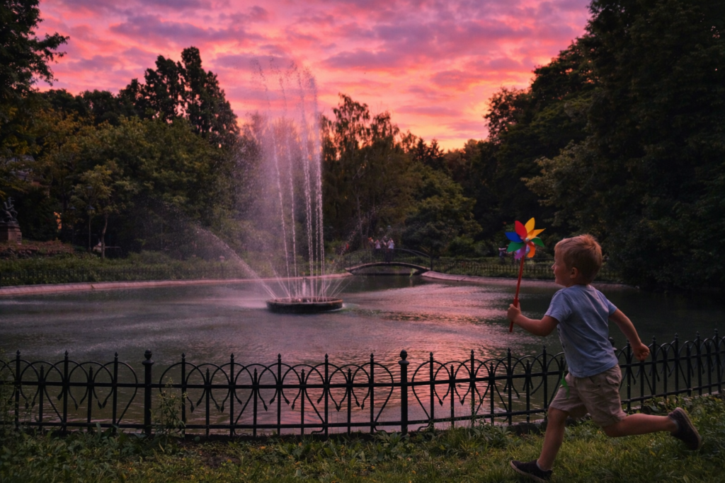 Child running with a pinwheel beside the fountain in Planty Park at sunset in Krakow