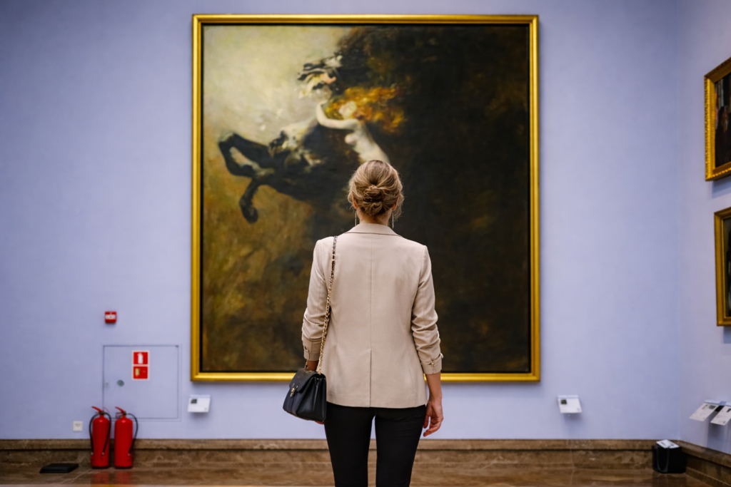 Visitor standing in front of Frenzy of Exultations by Władysław Podkowiński in a museum Gallery of 19th-Century Polish Art  in Krakow, viewed from behind.