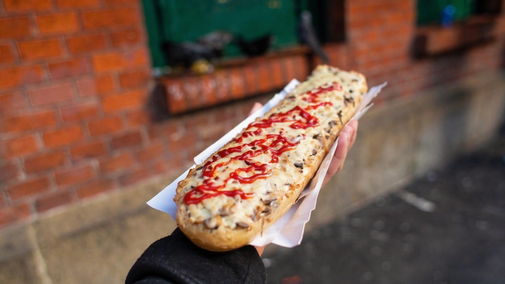 Zapiekanka from Okrąglak in Krakow’s Kazimierz district, topped with melted cheese and mushrooms.