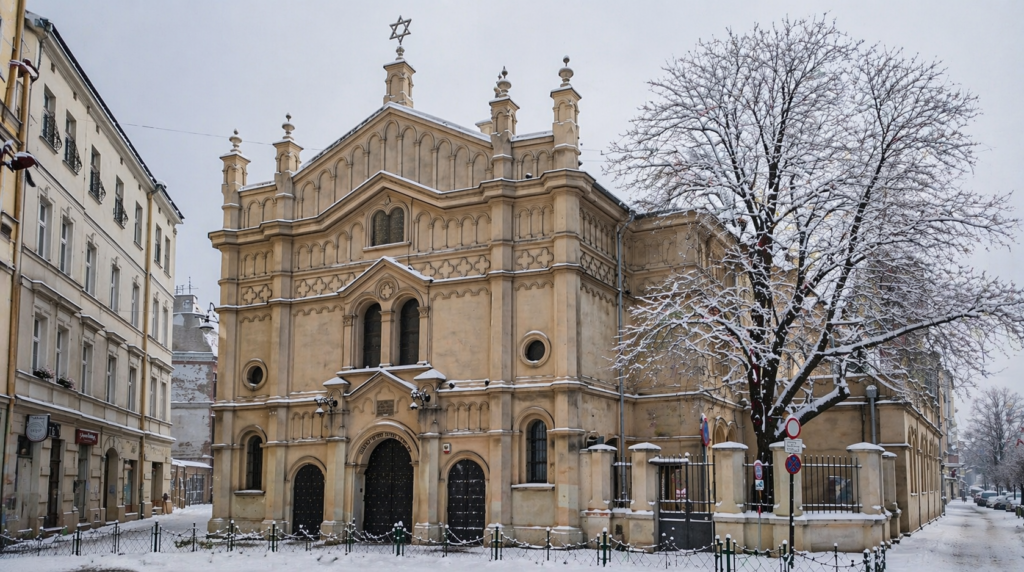Tempel Synagogue in Krakow during winter, with snow-covered surroundings and full view of the historic façade.
