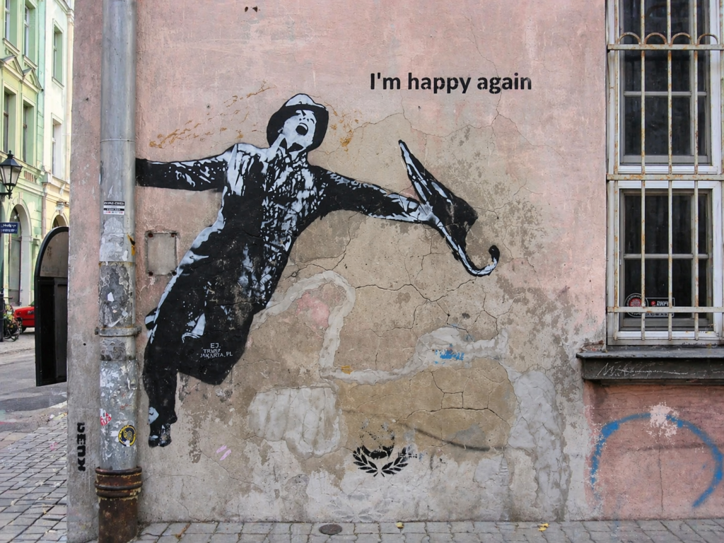 “I’m happy again” mural near Bożego Ciała Street in Krakow’s Kazimierz district.