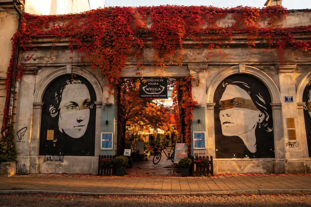 Józefa 17 in Krakow during autumn, with ivy-covered façade and red leaves in warm evening light.