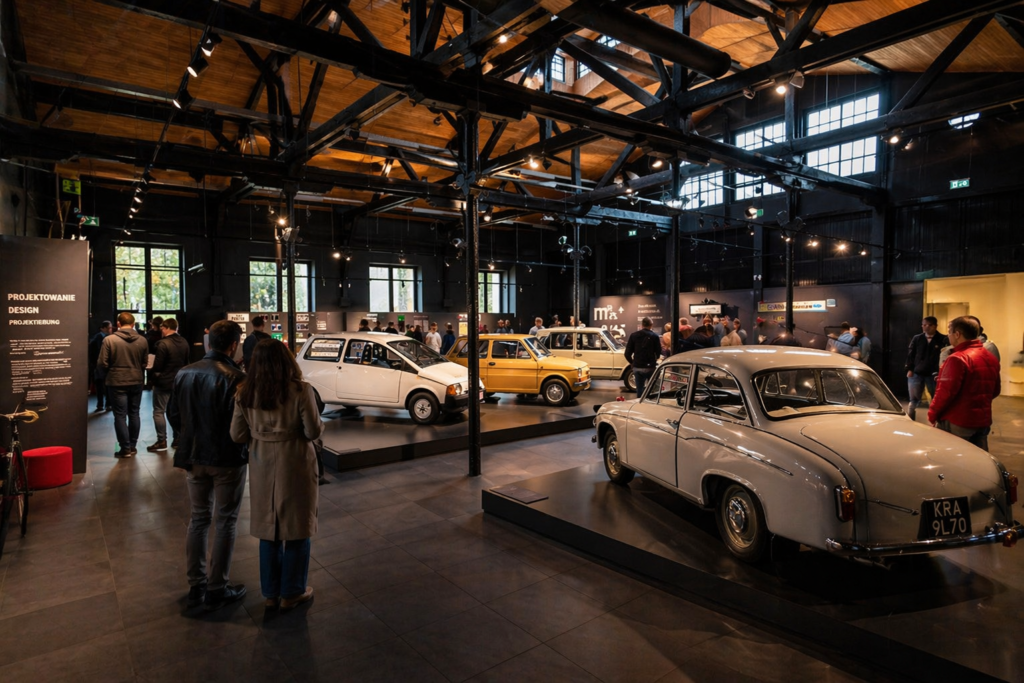 nterior of the Museum of Municipal Engineering in Krakow, with visitors exploring vintage vehicles and industrial-style exhibition space.