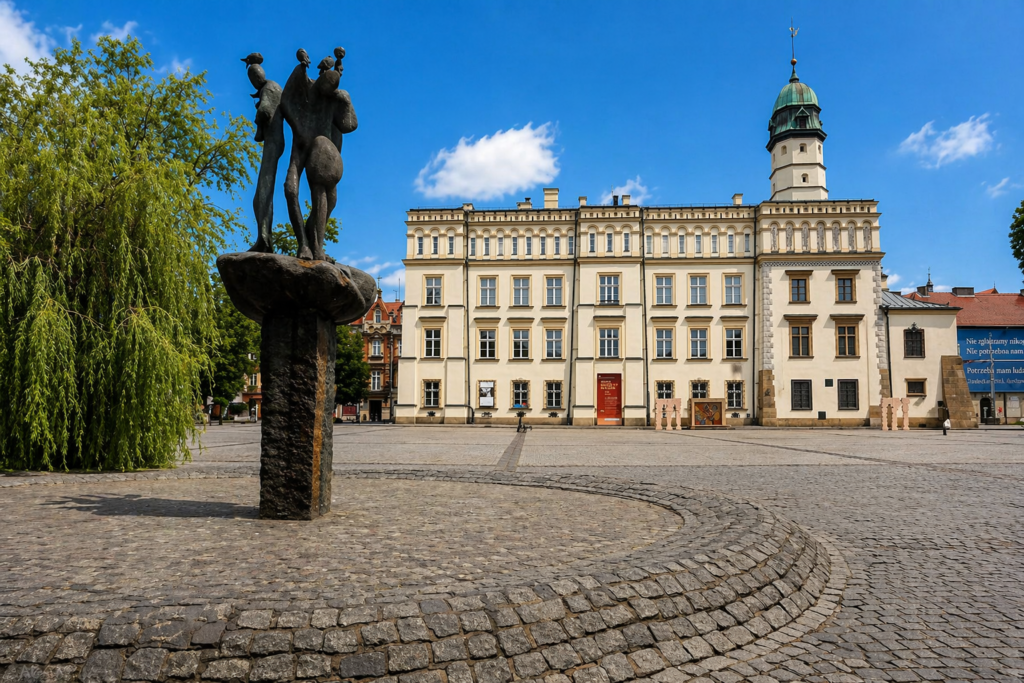 Plac Wolnica in Krakow with the Ethnographic Museum building and sculpture in the foreground under a clear blue sky.