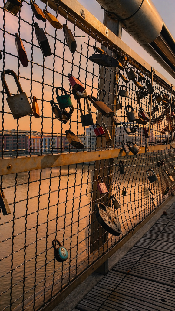 : Love locks attached by couples on Father Bernatek Footbridge in Krakow, symbolising lasting relationships.