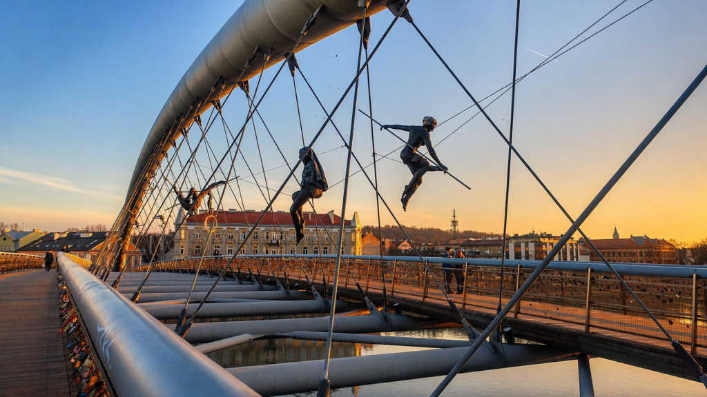 Acrobat sculptures on Father Bernatek Footbridge in Krakow silhouetted against a warm sunset sky.