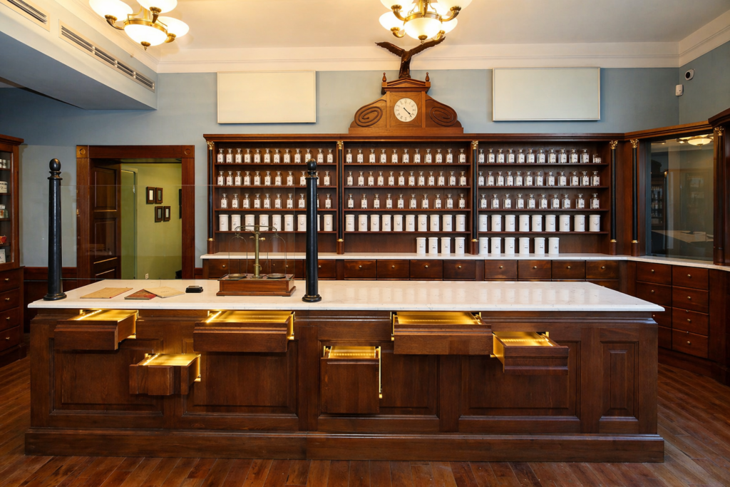 Pharmacy Under the Eagle museum in Krakow, historic apothecary interior with wooden counter and shelves filled with original jars and equipment.
