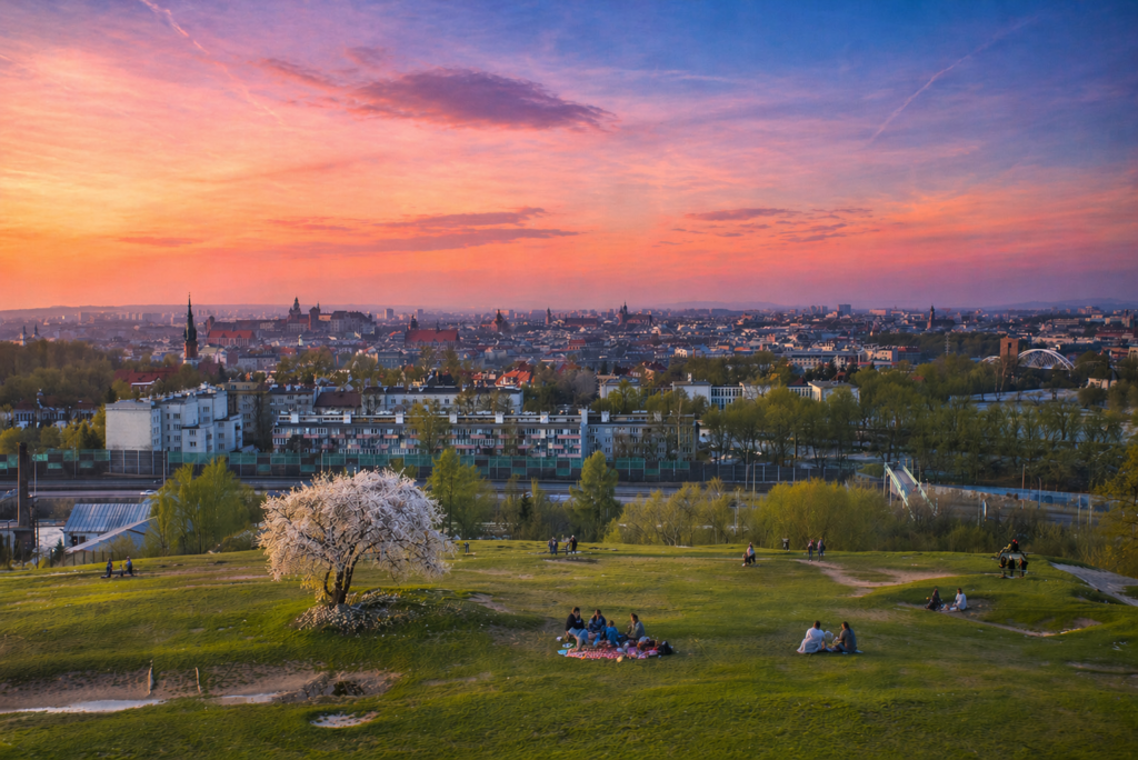 Krakus Mound in Krakow at sunset with a blooming tree and small groups of people relaxing on the grass.