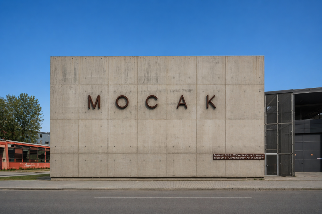 MOCAK Museum of Contemporary Art in Krakow with its minimalist concrete façade and centred signage under a clear blue sky.