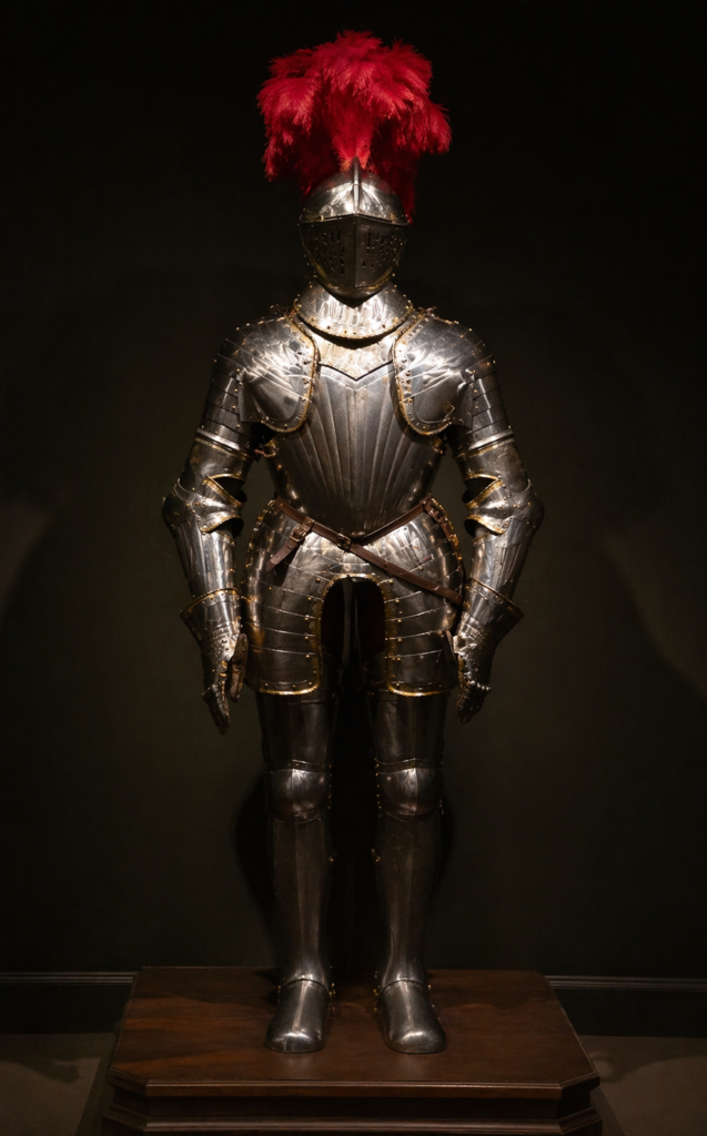 Historic suit of armour displayed in the Wawel Armoury exhibition in Krakow.