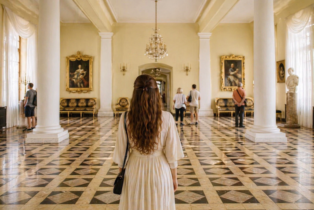 Woman observing paintings in an elegant museum hall in Krakow, with other visitors exploring the gallery in the background.