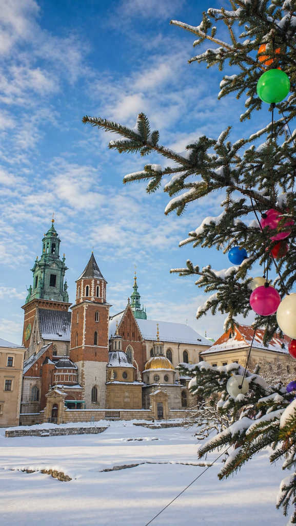 Wawel Cathedral in Krakow during the Christmas season with winter atmosphere and festive decorations.