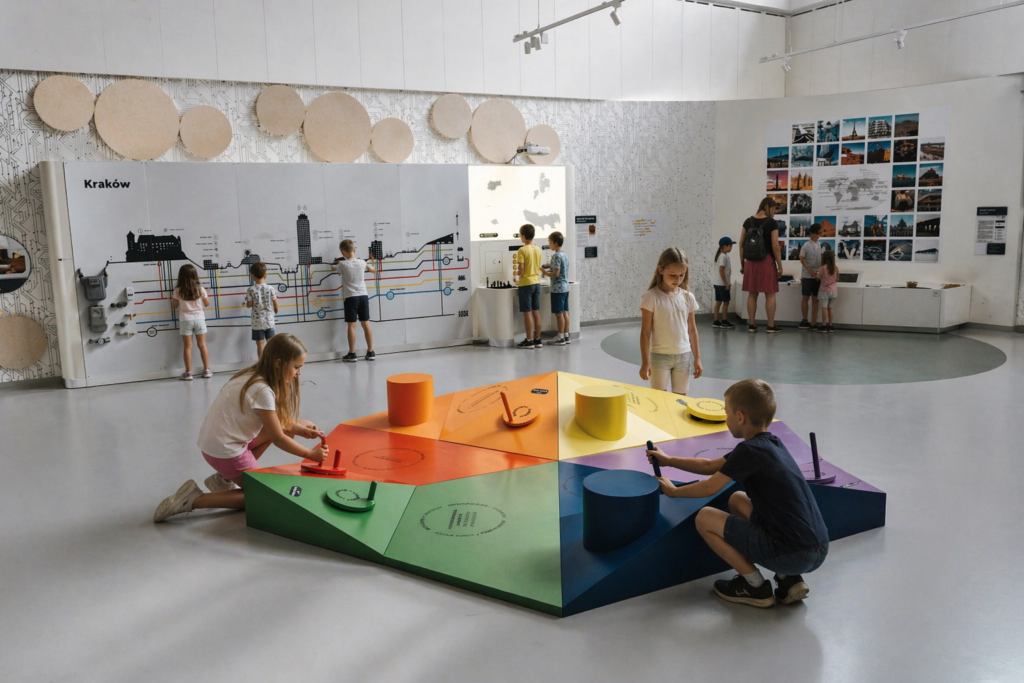 Cogiteon Science Centre in Krakow interactive exhibition space with children exploring colorful educational displays.