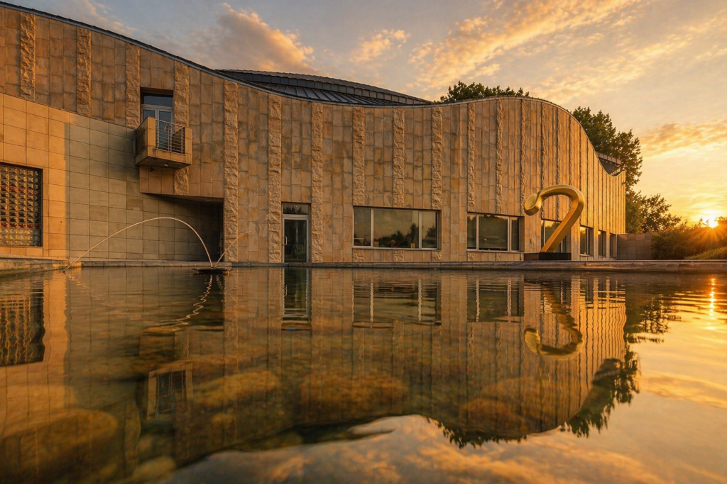 Manggha Museum of Japanese Art and Technology in Krakow with modern curved facade reflected in water at golden hour