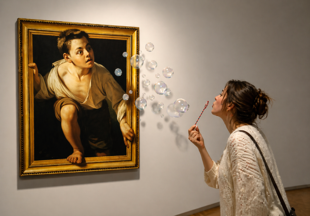Interactive exhibit at the Museum of Illusions in Krakow with a woman blowing bubbles toward a painting that appears to come to life