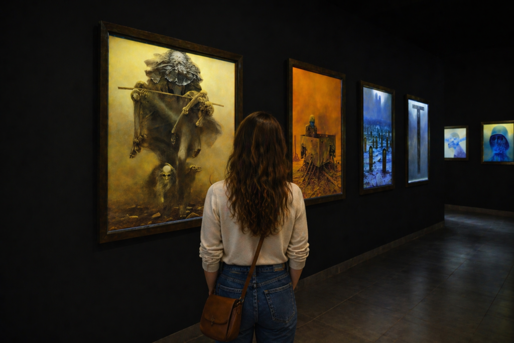 Beksiński Gallery in Krakow – visitor viewed from behind observing surreal paintings in a dimly lit exhibition space