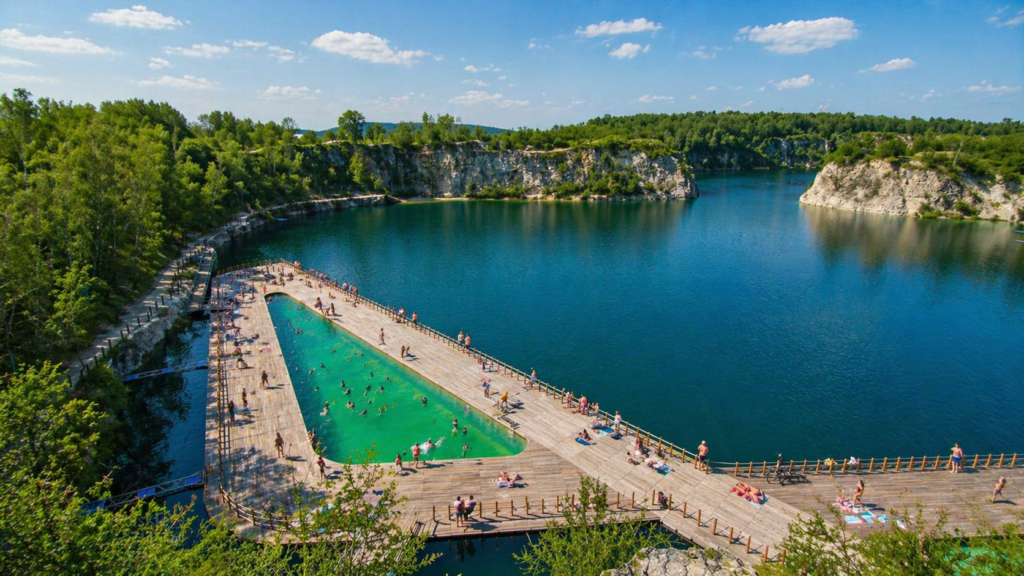 Zakrzówek in summer – turquoise swimming area with wooden boardwalks and people relaxing by the lake on a sunny day